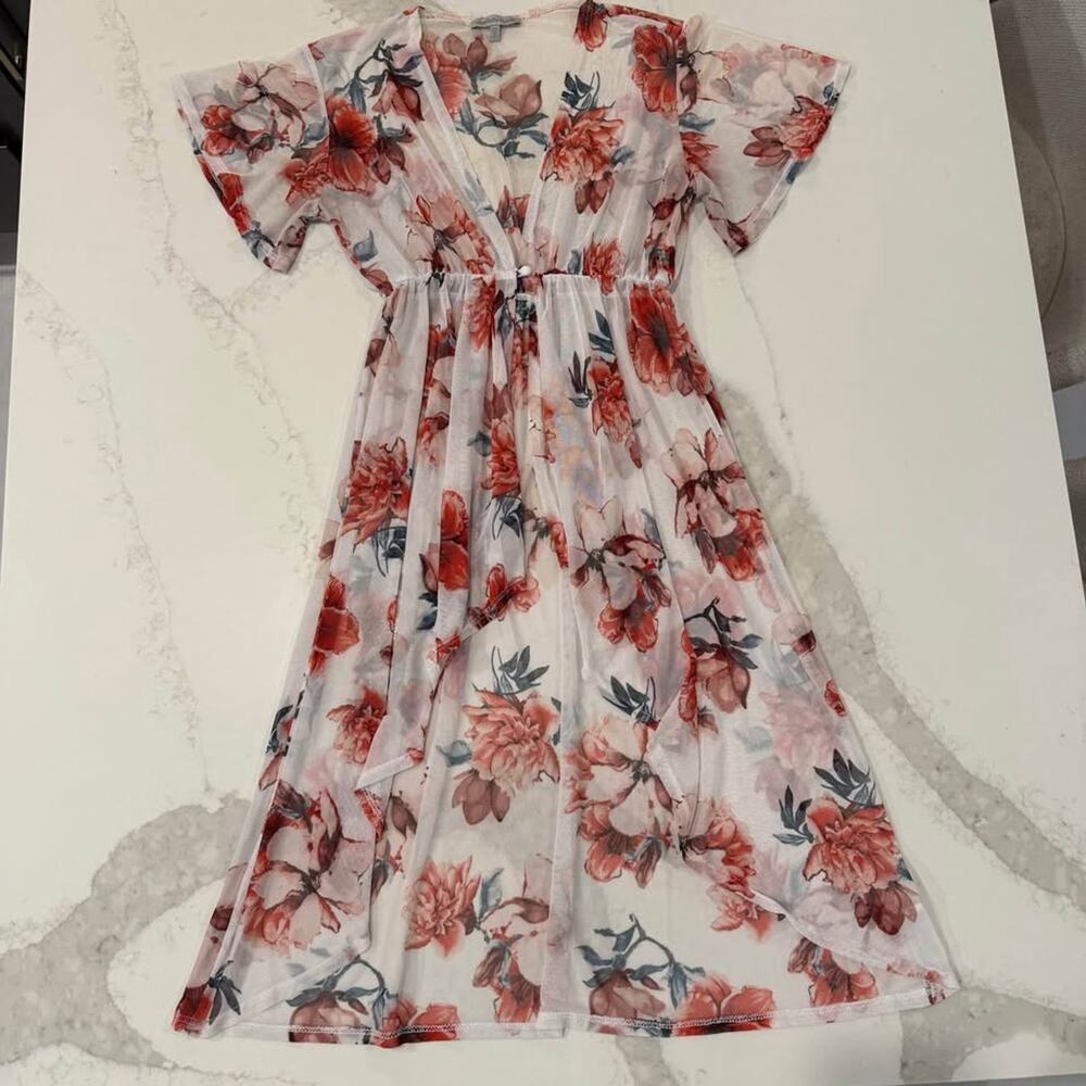 Charlotte Russe Floral Romantic Short Sleeve High Low Cover Up Women's XS Sheer